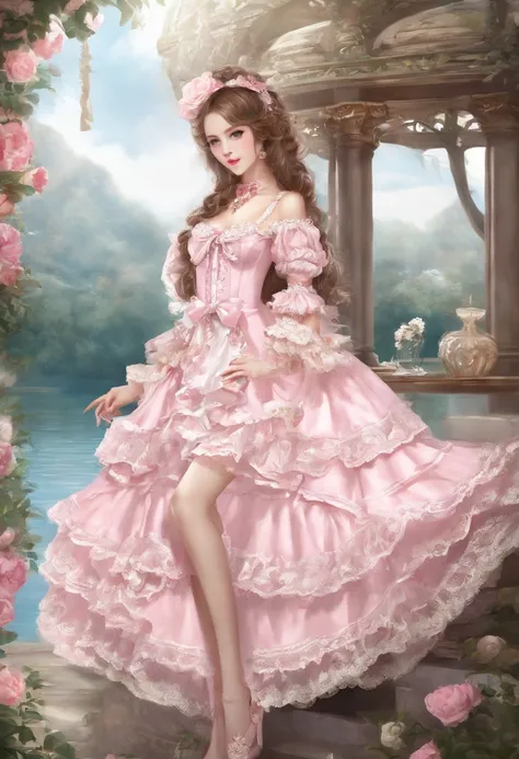 (lingerie:1.3),Pink and white dress, Takanobu Fujiwara(Takanobu Fujiwara)Digital rendering inspired by, pixiv, rococo, Victoria Gothic Lolita Fashion, Lolita Style, , rococo dress,  lolita fashion, one-piece,She is swimming in the lake in a dress,petticoat