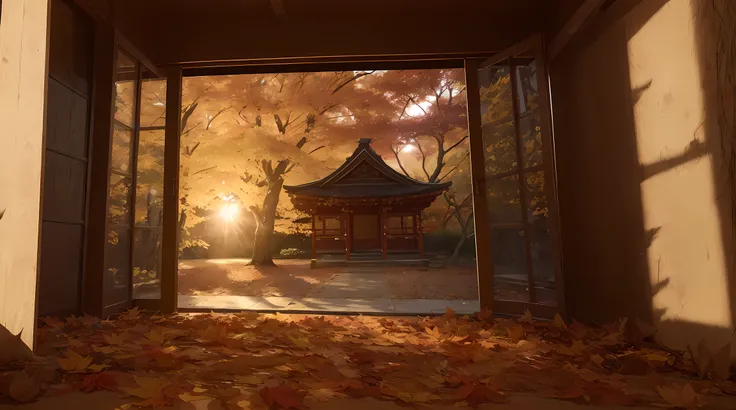 (((sunset:1.5, sunset light:1.3, moody light:1.3, cinematic light:1.3)))), An illustration of the scenery of the autumn leaves are depicted in a double layer due to the mirror reflection of Korin-in, Daitoku-ji Temple. at night, ultra-detailed, hyper-sharp...