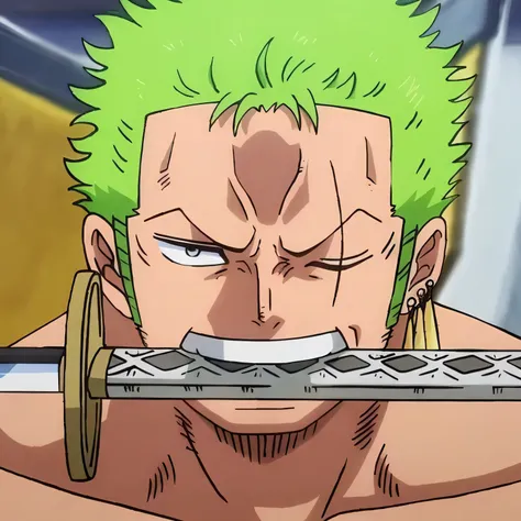 anime character with green hair holding a sword in his mouth, roronoa zoro, from one piece, one piece, one piece style, one piece artstyle, anime masterpiece, menacing look, official art, green head, inspired by Eiichiro Oda, todays featured anime still, n...