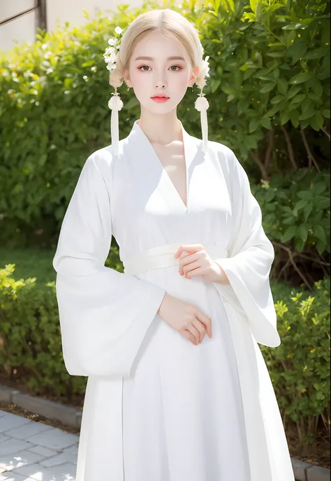 arafed image of a woman in a white dress with a tiable, white hanfu, pale milky white porcelain skin, porcelain white skin, milky white skin, palace ， a girl in hanfu, white porcelain skin, pale snow white skin, wearing white silk robe, with white skin, in...