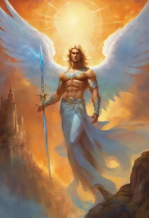 a painting of an angel man, with a beautiful face,((muscular body of man, sculptural body, strong,well-turned and muscular legs)), (((Archangel Michael)), ((with several huge wings)), ((angel wings)), various positions, full body man, Frank Kelly Freas, Ka...