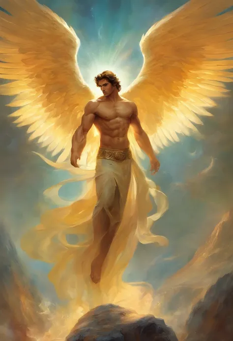 a painting of an angel man, with a beautiful face,((muscular body of man, sculptural body, strong,well-turned and muscular legs)), (((Archangel Michael)), ((with several huge wings)), ((angel wings)), various positions, full body man, Frank Kelly Freas, Ka...