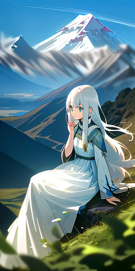 （tmasterpiece，best qualtiy），1 long, white-haired girl sitting on the edge of greenery, with the towering Mount Everest behind her，her hand under her chin，warmly lit，white dresses，Blurred foreground