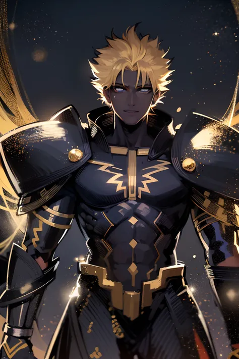 Homem, pele negra, olhos brancos, cabelos negros, Paladino dourado, Armadura Dourada Angelical, armadura de ouro claro, Fate Stay Night, armadura dourada, sorriso arrogante, cabelos espetados estilo gilgamesh