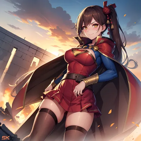 1girl,zuikaku,gigantic breasts,superhero pose,standing in ruined city,(8k),scratches,detailed face,brown hair,yellow eyes,very l...