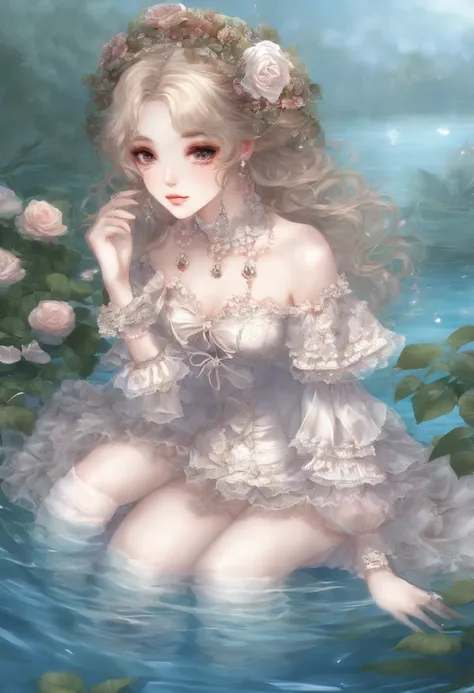 (lingerie:1.3), Takanobu Fujiwara(Takanobu Fujiwara)Digital rendering inspired by, pixiv, rococo, Victoria Gothic Lolita Fashion, Lolita Style,lolita fashion, one-piece,She is swimming in the lake,petticoat