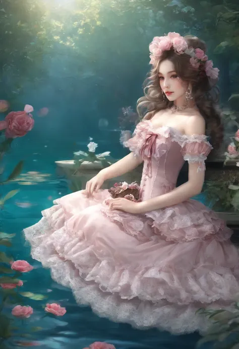 (lingerie:1.3), Takanobu Fujiwara(Takanobu Fujiwara)Digital rendering inspired by, pixiv, rococo, Victoria Gothic Lolita Fashion, Lolita Style,lolita fashion, one-piece,She is swimming in the lake,petticoat