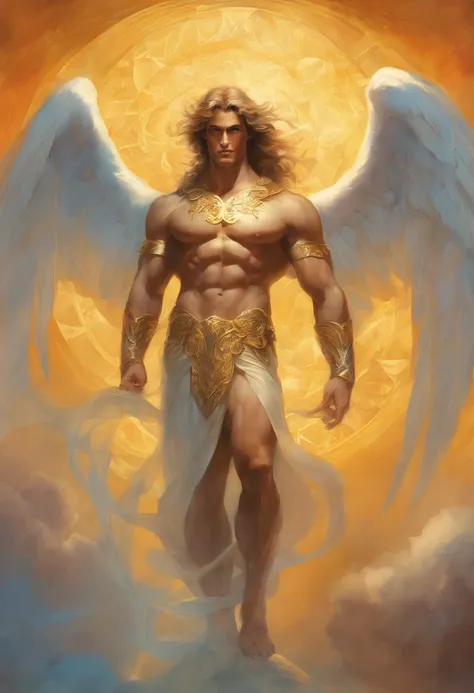 a painting of an angel man, with a beautiful face,((muscular body of man, sculptural body, strong,well-turned and muscular legs)), (((Archangel Michael)), ((with several huge wings)), ((angel wings)), various positions, full body man, Frank Kelly Freas, Ka...