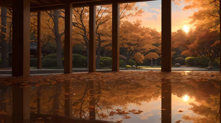 (((sunset:1.5, sunset light:1.3, moody light:1.3, cinematic light:1.3)))), An illustration of the scenery of the autumn leaves are depicted in a double layer due to the mirror reflection of Korin-in, Daitoku-ji Temple. at night, ultra-detailed, hyper-sharp...