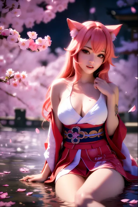 masterpiece, (photorealistic:1.5), best quality, beautiful lighting, real life, 
nami (one piece),
1girl, architecture, cherry blossoms, east asian architecture, falling petals, gold, japanese clothes, kimono, log pose, long pink hair, pink cat ears, looki...