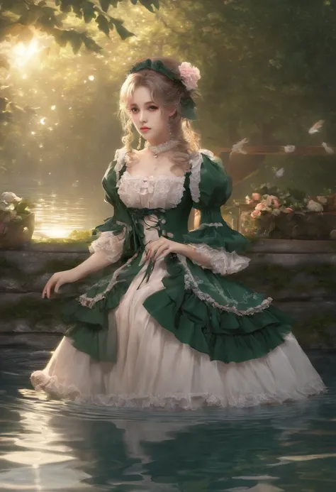 (lingerie:1.3), Takanobu Fujiwara(Takanobu Fujiwara)Digital rendering inspired by, pixiv, rococo, Victoria Gothic Lolita Fashion, Lolita Style,lolita fashion, one-piece,She is swimming in the lake,petticoat