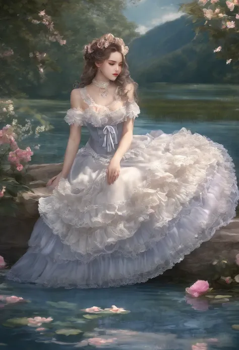 (lingerie:1.3), Takanobu Fujiwara(Takanobu Fujiwara)Digital rendering inspired by, pixiv, rococo, Victoria Gothic Lolita Fashion, Lolita Style,lolita fashion, one-piece,She is swimming in the lake,petticoat