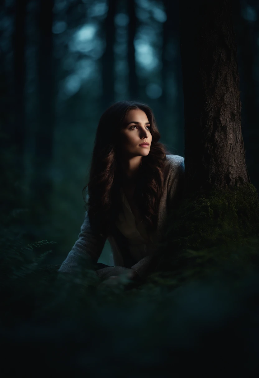 Wolf brunette girl in dark forest under moonlight