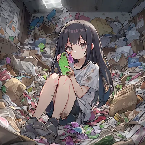 absurderes, hight resolution, (Anime style:1.1), ((masutepiece)), ((Best Quality)), (Ultra-detailed), (Beautiful), 独奏, Beautiful face、(liftup)、(Sitting on the garbage in an incredibly dirty room、Cute little girl operating smartphone:1.4)、The room is full o...