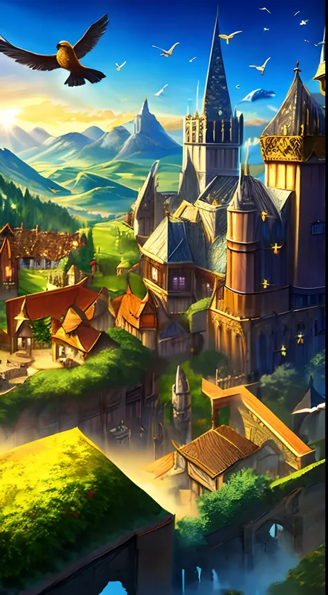 medieval kingdom. Sunny morning. 8K resolution. Ratio 3:2. Very high drawing skills. Birds eye view. Very stunning view. amazing lighting effect. Thick medieval fantasy illustration. Very large area.