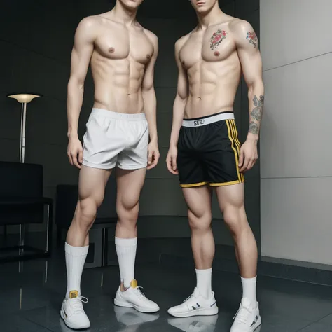 2boys, thin body, young males, caucassian masculine square face, full body view, tattoo, blonde, topless, white boxers, armoured yellow sneakers, white socks, domination, harness, wet