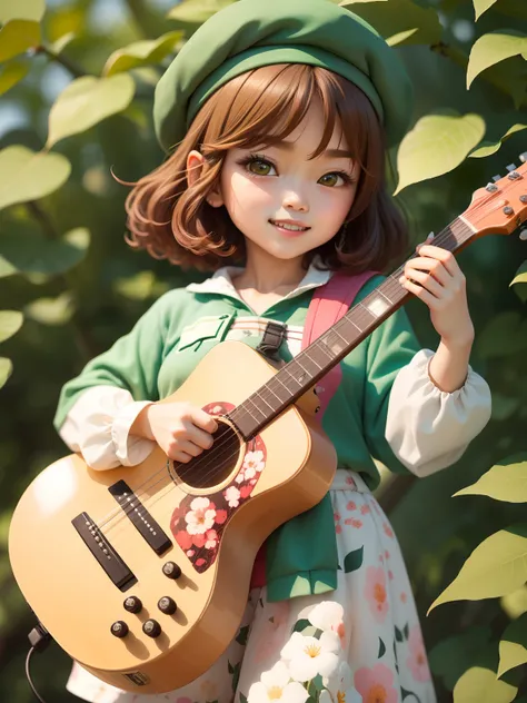 (Daisaku),(Need),(Super meticulous),(full bodyesbian:1.2),1girl,tchibi,adolable,ssmile,Open-mouthed,florals,exteriors,plays the guitar,Music,beret,Hold the guitar,Manteau,Blushlush,The tree,:3,The shirt,short detailed hair,SakuraNS,green headwear,Blurred,A...