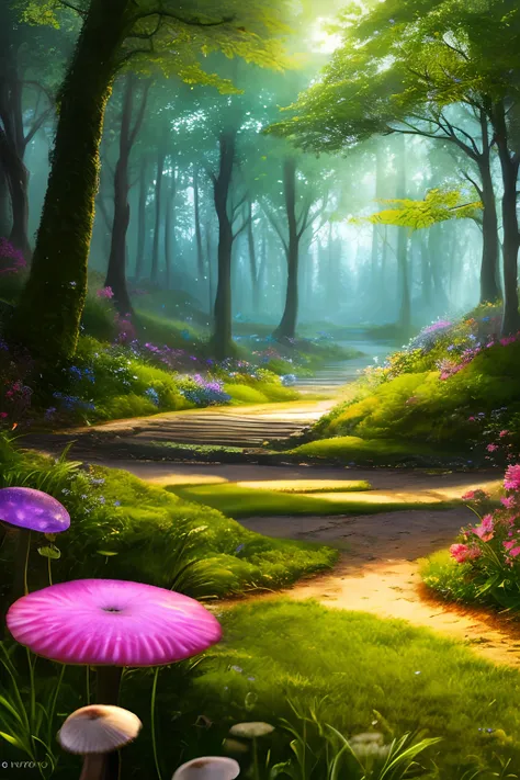 masterpiece, best quality, high quality,extremely detailed CG unity 8k wallpaper, An enchanting and dreamy scene of a fantasy forest, with towering trees, glowing mushrooms, and hidden fairy glens, creating a sense of mystique and enchantment, artstation, ...