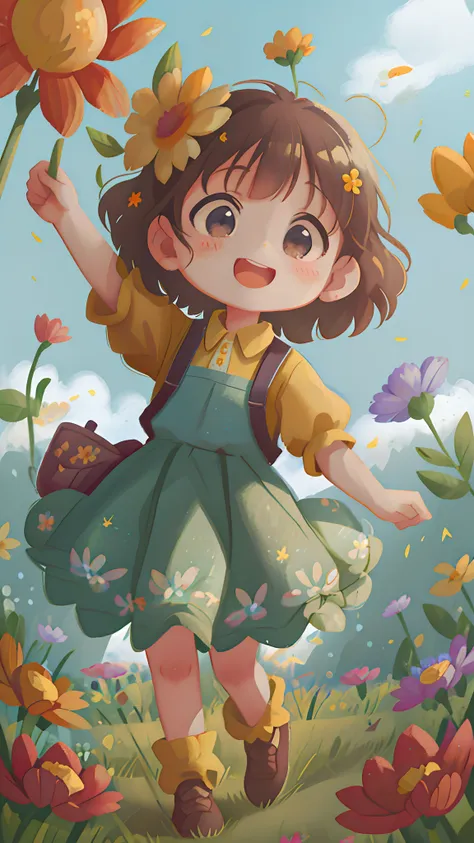 a girl holding flowers, colorful balloons floating in the sky, meadow, dancing, holding flowers, happy, happy, perfect quality, ...