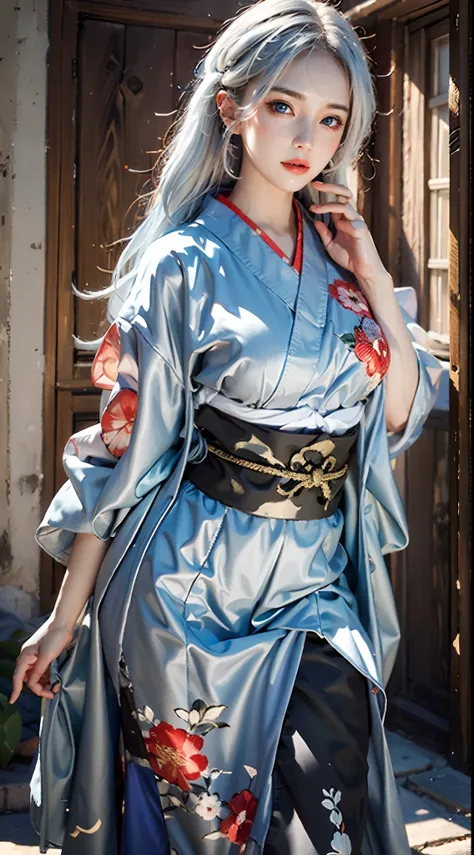 photorealistic, masterpiece, photorealistic, high resolution, soft light, hips up, blue eyes, white hair, long hair, black kimono, floral pattern