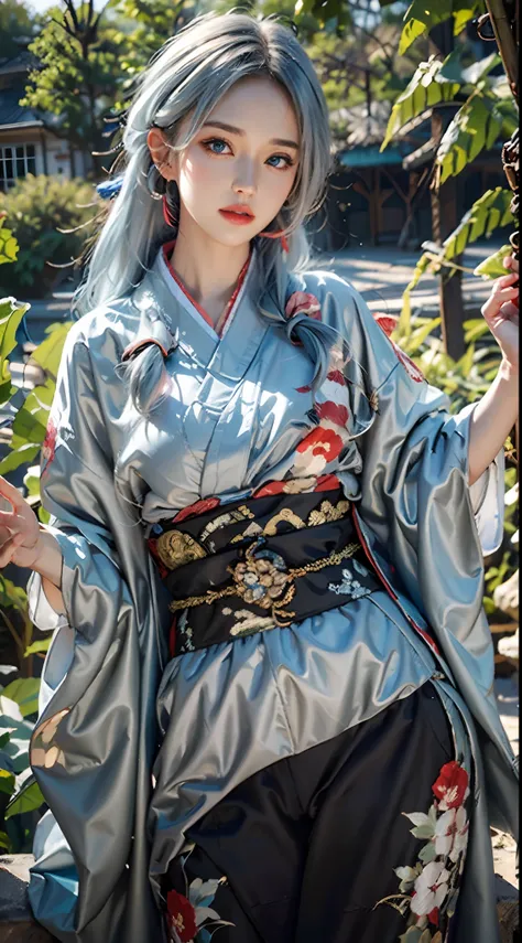 photorealistic, masterpiece, photorealistic, high resolution, soft light, hips up, blue eyes, white hair, long hair, black kimono, floral pattern