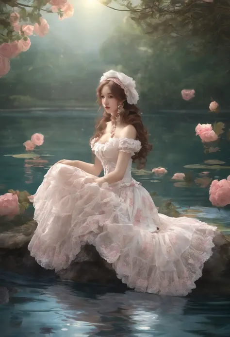 (lingerie:1.3), Takanobu Fujiwara(Takanobu Fujiwara)Digital rendering inspired by, pixiv, rococo, Victoria Gothic Lolita Fashion, Lolita Style,lolita fashion, one-piece,She is swimming in the lake,petticoat