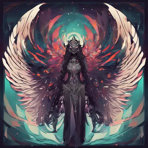 young girl,wings,dark,arcangel,mask,terror,slim,queen of dark,queen of universe,full body