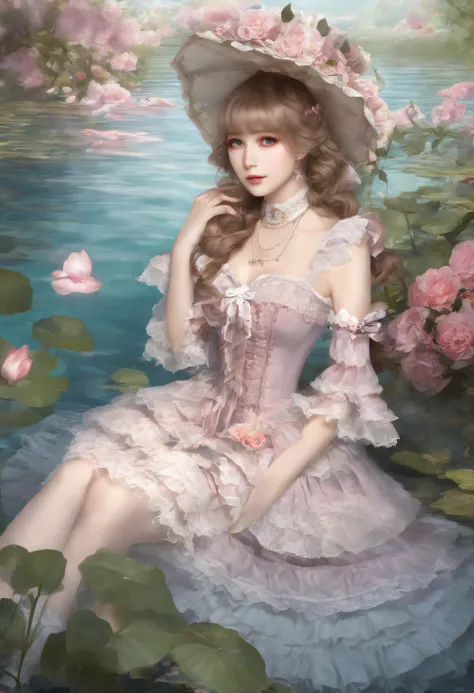 (lingerie:1.3), Takanobu Fujiwara(Takanobu Fujiwara)Digital rendering inspired by, pixiv, rococo, Victoria Gothic Lolita Fashion, Lolita Style,lolita fashion, one-piece,She is swimming in the lake,petticoat