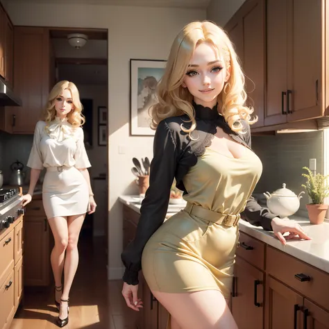 (masutepiece:1.2), (Best Quality:1.2), Full body portrait,Perfect eyes, Perfect face, Perfect Lighting, 1girl in, Mature woman in the field, medium blonde hair, Curly hair, detailed  clothes, 1960s kitchen, makeup, eyeshadows, thick eyelashes, Fantasy, Loo...