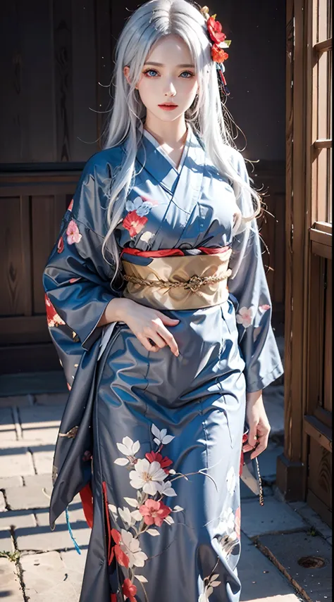 photorealistic, masterpiece, photorealistic, high resolution, soft light, hips up, blue eyes, white hair, long hair, black kimono, floral pattern