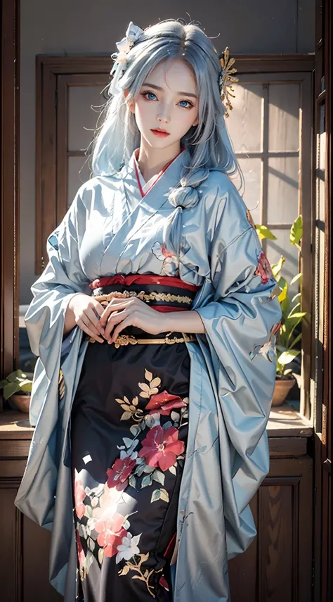 photorealistic, masterpiece, photorealistic, high resolution, soft light, hips up, blue eyes, white hair, long hair, black kimono, floral pattern