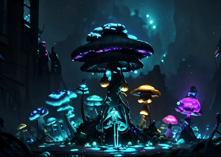 shroompunkai, bioluminescence, skeleton, messy environment