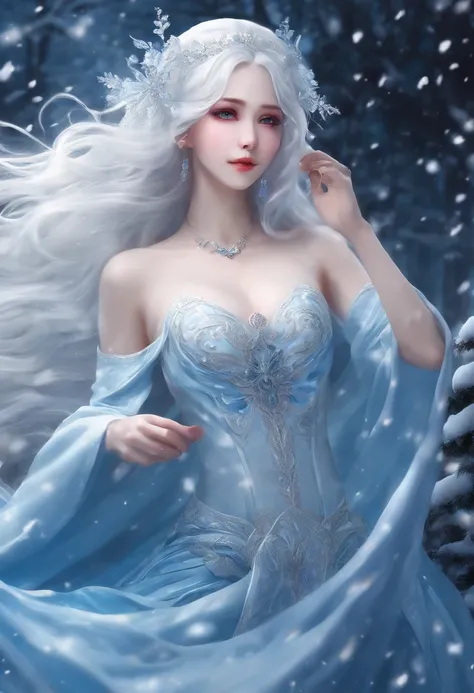 anime girl with long white hair and a blue dress in the snow, white haired deity, white hair floating in air, anime fantasy illustration, flowing white hair, beautiful young wind spirit, beautiful fantasy anime, glowing flowing hair, ethereal anime, beauti...