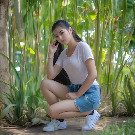 there is a woman kneeling down talking on a cell phone, casual photography, anime thai girl, casual pose, shot on canon eos r 5, shot on canon eos r5, young asian girl, various poses shooting photos, photo of the girl, in a park, shot on nikon z9, young an...