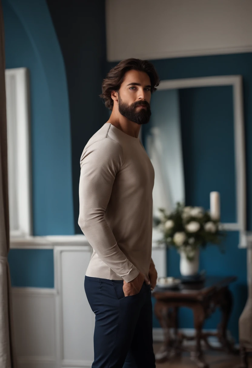 (Hombre con ropa elegante), ), (con una barba larga y llena,) (ojos azules) (retrato) Aspecto atractivo y serio, Brown Dark Hair, Elegante y elegante, y camiseta de cuerpo fuerte, (Imagen realista y de alta calidad), in the background Scandinavian apartmen...