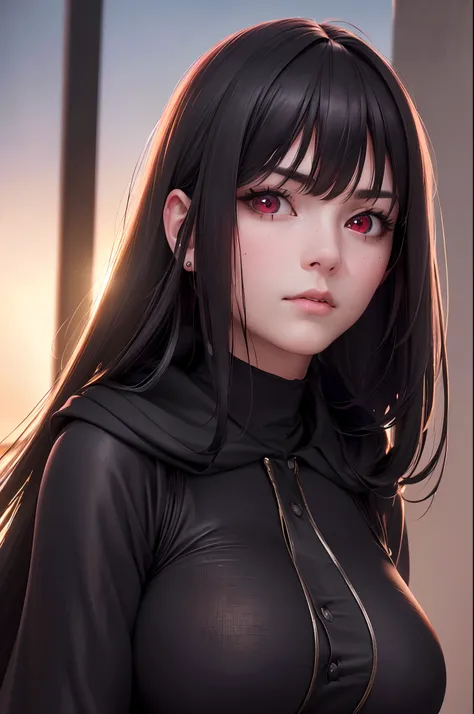 (best quality,4k,8k,highres,masterpiece:1.2),ultra-detailed,(realistic,photorealistic,photo-realistic:1.37),portrait,black long hair,red eyes,serious expression,big breasts,black clothes,with a hood