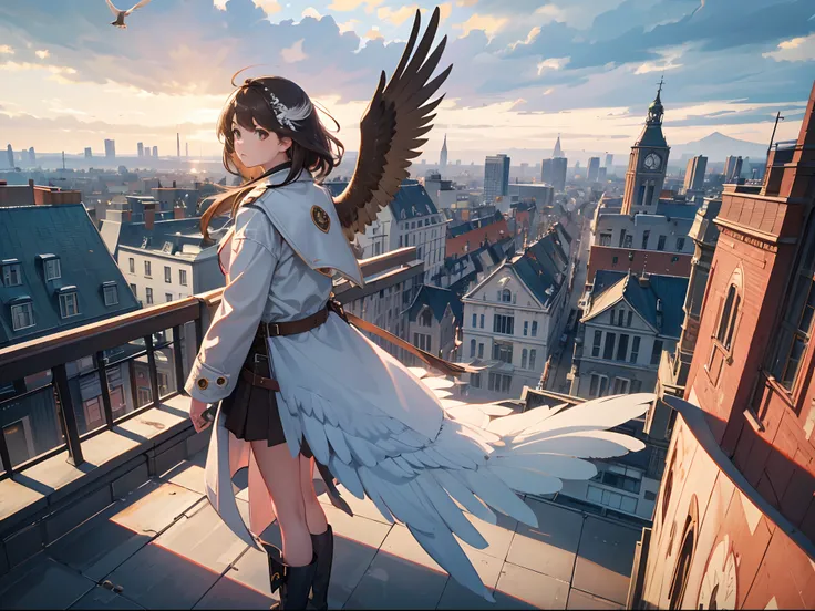 (masterpiece, best quality),from above , 1girl, solo, (feathered wings:1.2), billboard, brown eyes, brown hair, building, city, cloudy sky, coat, boots, crane (machine), dutch angle, from side, light frown, looking at viewer, outdoors, rooftop, sky, skyscr...