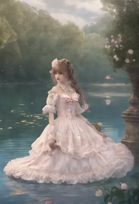 (lingerie:1.3), Takanobu Fujiwara(Takanobu Fujiwara)Digital rendering inspired by, pixiv, rococo, Victoria Gothic Lolita Fashion, Lolita Style,lolita fashion, one-piece,She is swimming in the lake,petticoat