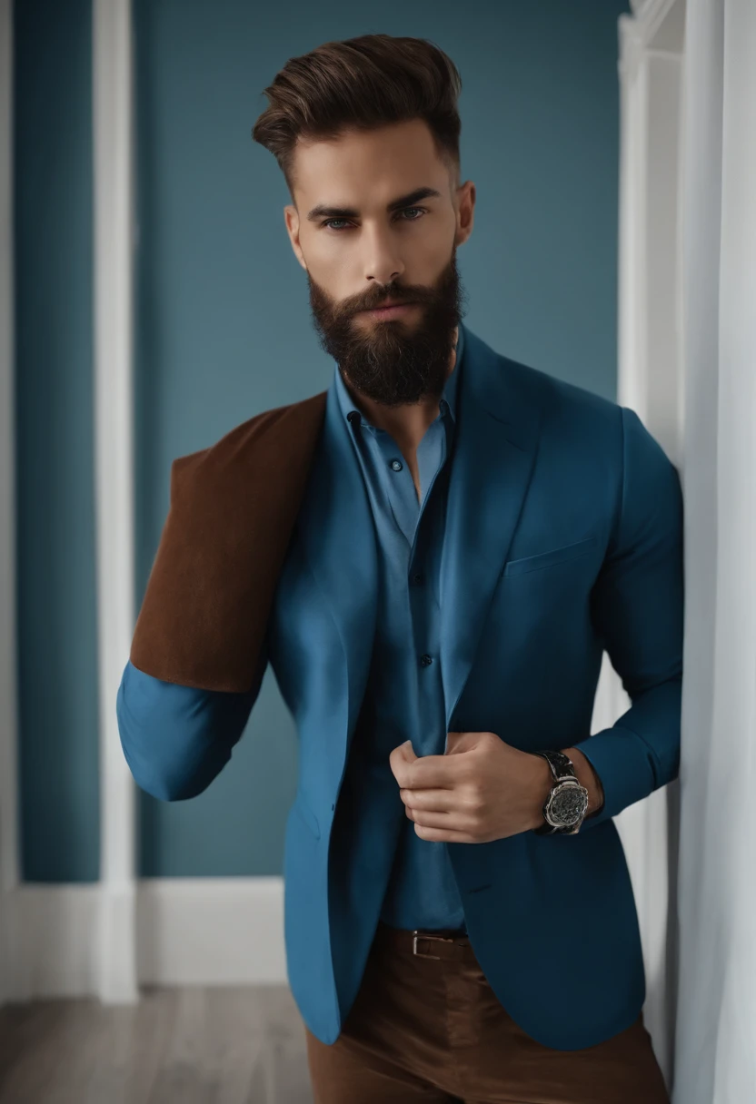 (Hombre ciberpunk con ropa elegante), ), (con una barba larga y llena,) (ojos azules) (retrato) Aspecto atractivo y serio, Cabello azul oscuro, Elegante y elegante, y camiseta de cuerpo fuerte, (Imagen realista y de alta calidad), in the background Scandin...