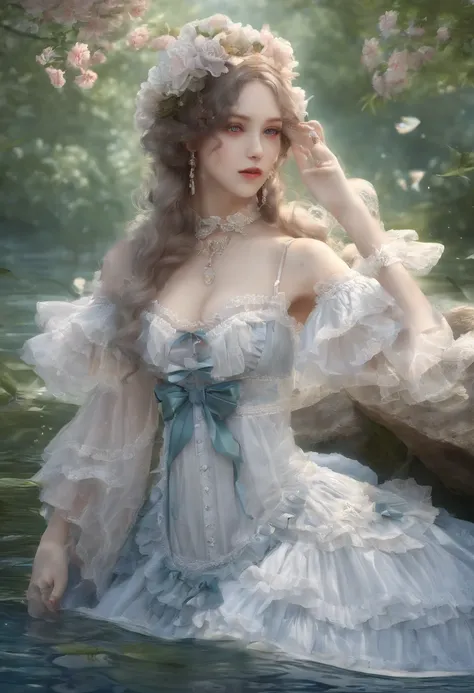 (lingerie:1.3), Takanobu Fujiwara(Takanobu Fujiwara)Digital rendering inspired by, pixiv, rococo, Victoria Gothic Lolita Fashion, Lolita Style,lolita fashion, one-piece,She is swimming in the lake,petticoat