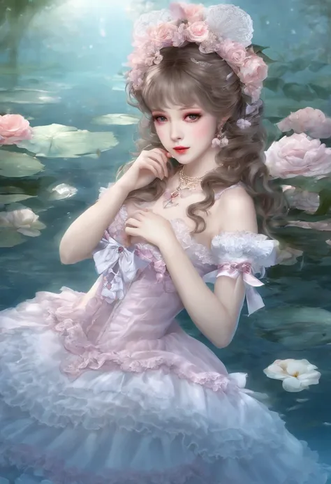 (lingerie:1.3), Takanobu Fujiwara(Takanobu Fujiwara)Digital rendering inspired by, pixiv, rococo, Victoria Gothic Lolita Fashion, Lolita Style,lolita fashion, one-piece,She is swimming in the lake,petticoat