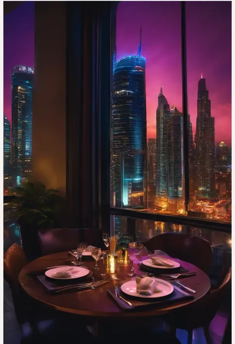 Dining with skyscrapers Restaurant Night view Neon Cyberpunk Big city