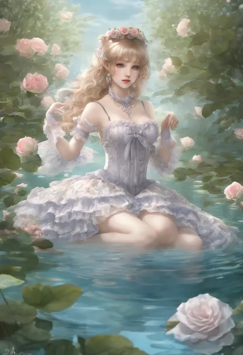 (lingerie:1.3), Takanobu Fujiwara(Takanobu Fujiwara)Digital rendering inspired by, pixiv, rococo, Victoria Gothic Lolita Fashion, Lolita Style,lolita fashion, one-piece,She is swimming in the lake,petticoat