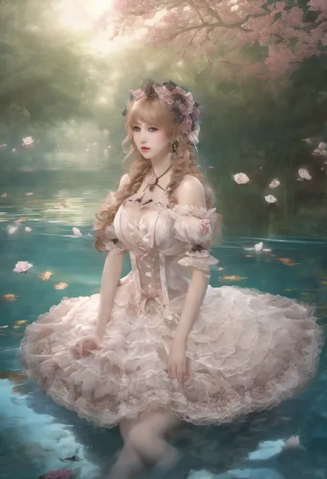 (lingerie:1.3), Takanobu Fujiwara(Takanobu Fujiwara)Digital rendering inspired by, pixiv, rococo, Victoria Gothic Lolita Fashion, Lolita Style,lolita fashion, one-piece,She is swimming in the lake,petticoat