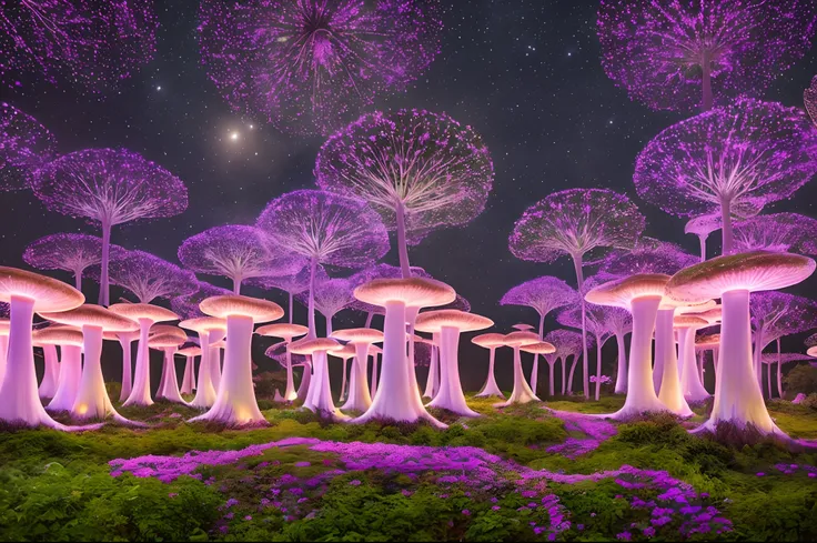 Captivating, photograph an urban park transformed into an enchanted forest by colossal, luminescent mushrooms that pulse with a gentle, calming light, creating an otherworldly, mystical atmosphere under the starry night --auto --s2