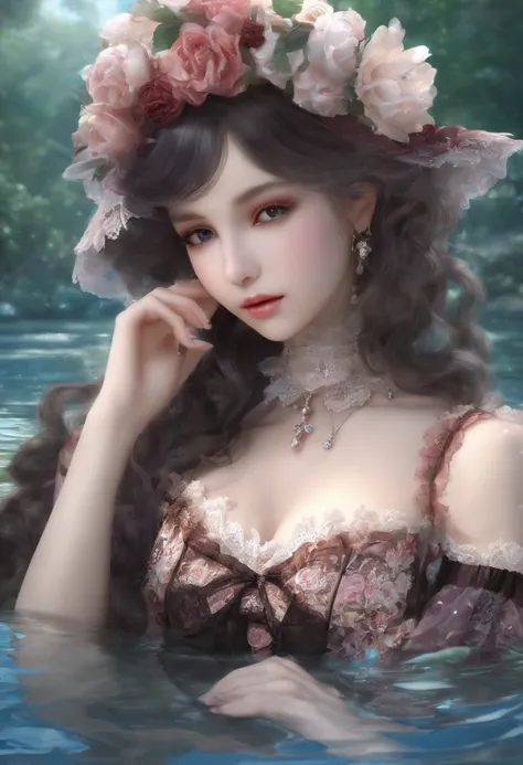 (lingerie:1.3), Takanobu Fujiwara(Takanobu Fujiwara)Digital rendering inspired by, pixiv, rococo, Victoria Gothic Lolita Fashion, Lolita Style,lolita fashion, one-piece,She is swimming in the lake,petticoat