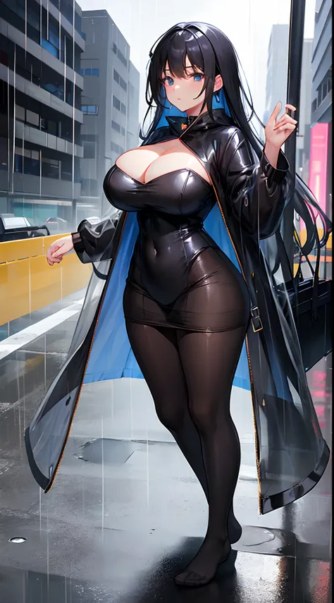 gigantic cleavage breasts，Black pantyhose，No shoes,Transparent raincoat，raining day，Full body like，stand posture