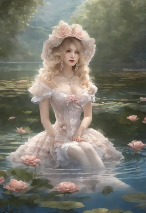 (lingerie:1.3), Takanobu Fujiwara(Takanobu Fujiwara)Digital rendering inspired by, pixiv, rococo, Victoria Gothic Lolita Fashion, Lolita Style,lolita fashion, one-piece,She is swimming in the lake,petticoat