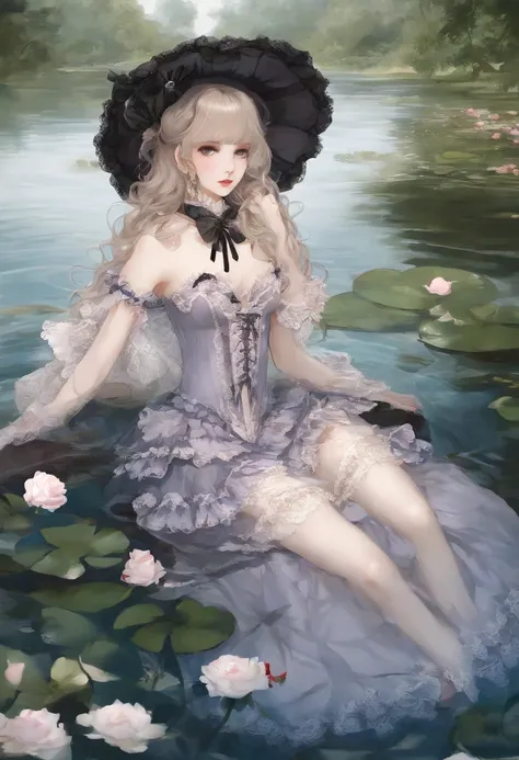 (lingerie:1.3), Takanobu Fujiwara(Takanobu Fujiwara)Digital rendering inspired by, pixiv, rococo, Victoria Gothic Lolita Fashion, Lolita Style,lolita fashion, one-piece,She is swimming in the lake,petticoat