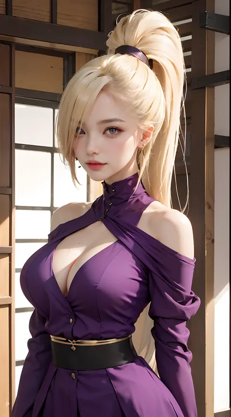 1girl, raw, ultra hd, abs, purple eyes, smirk, gold earrings, glowing skin,big boobs,,blonde hair, ponytail,smirk, side bangs